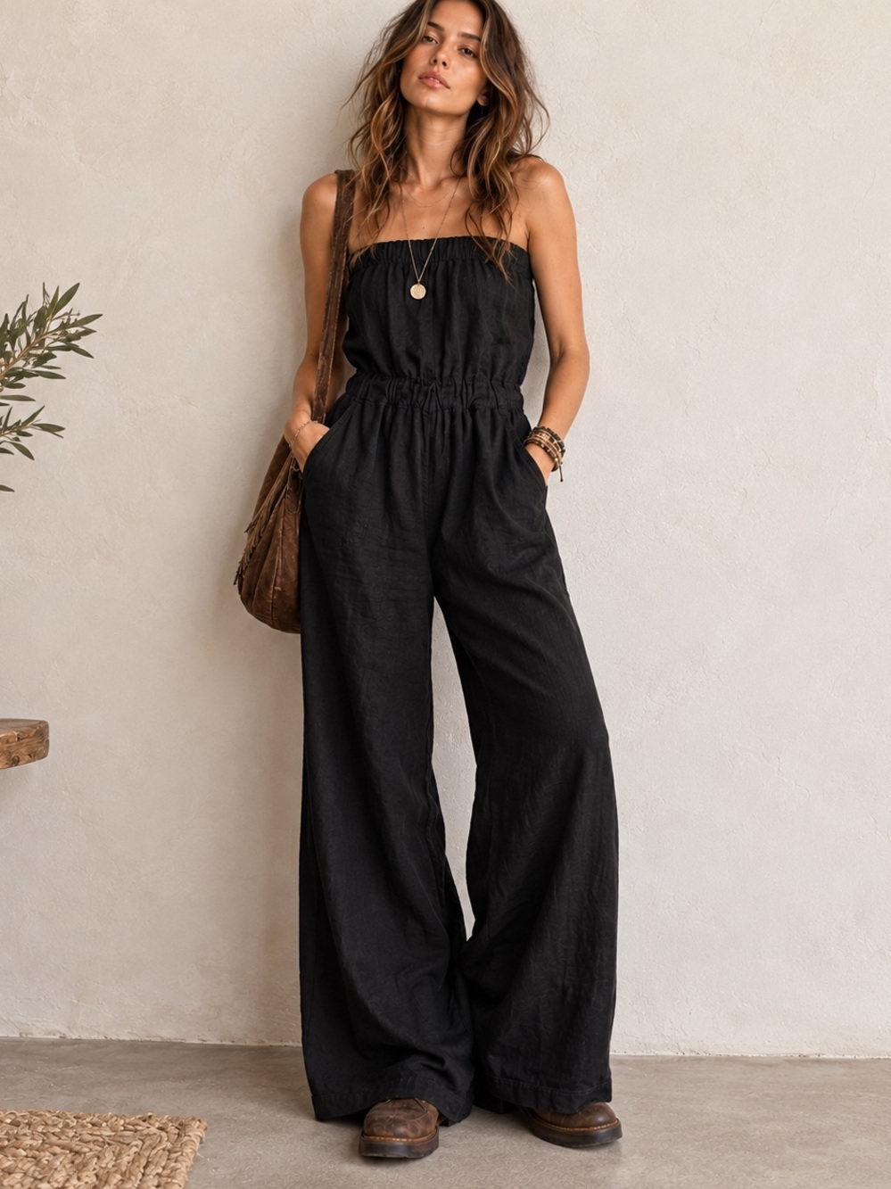 Gilbert 100% Linen Strapless Wide Leg Jumpsuit